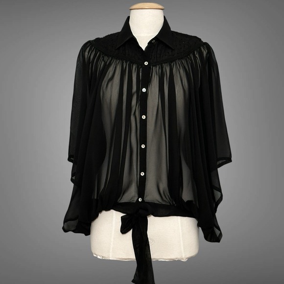 Urban Behavior Tops - Urban Behavior Blouse S Black Sheer Button Down Tie Waist Cape Dolman Sleeve